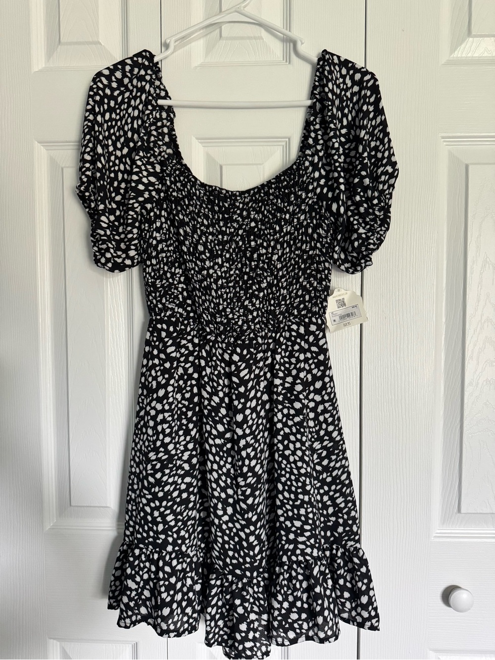 Altar'd State Black & White Smocked Puff-Sleeve Mini Dress